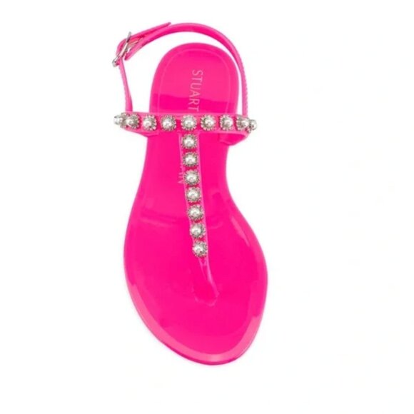 NEW STUART WEITZMAN Pearl Crystal-embellished Jelly Thong Sandals In Neon Pink - Picture 4 of 8